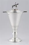 AN ART DECO SILVER RACING TROPHY AND COVER BY WALKER & HALLwith horse and jockey finial, on