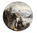 A COPELAND EARTHENWARE PLAQUEpainted by W Yale, signed, with a Norwegian landscape, 56cm diam,