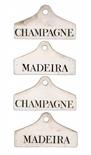 WINE. FOUR WEDGWOOD WHITE GLAZED EARTHENWARE BIN LABELSinscribed in black CHAMPAGNE or MADEIRA,