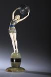 FERDINAND PREISSBEACH BALL GIRLcold painted bronze carved ivory and iridescent glass on onyx and