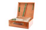 A set of three Standard Milk Measures, in mahogany case with brass label `Berkshire County