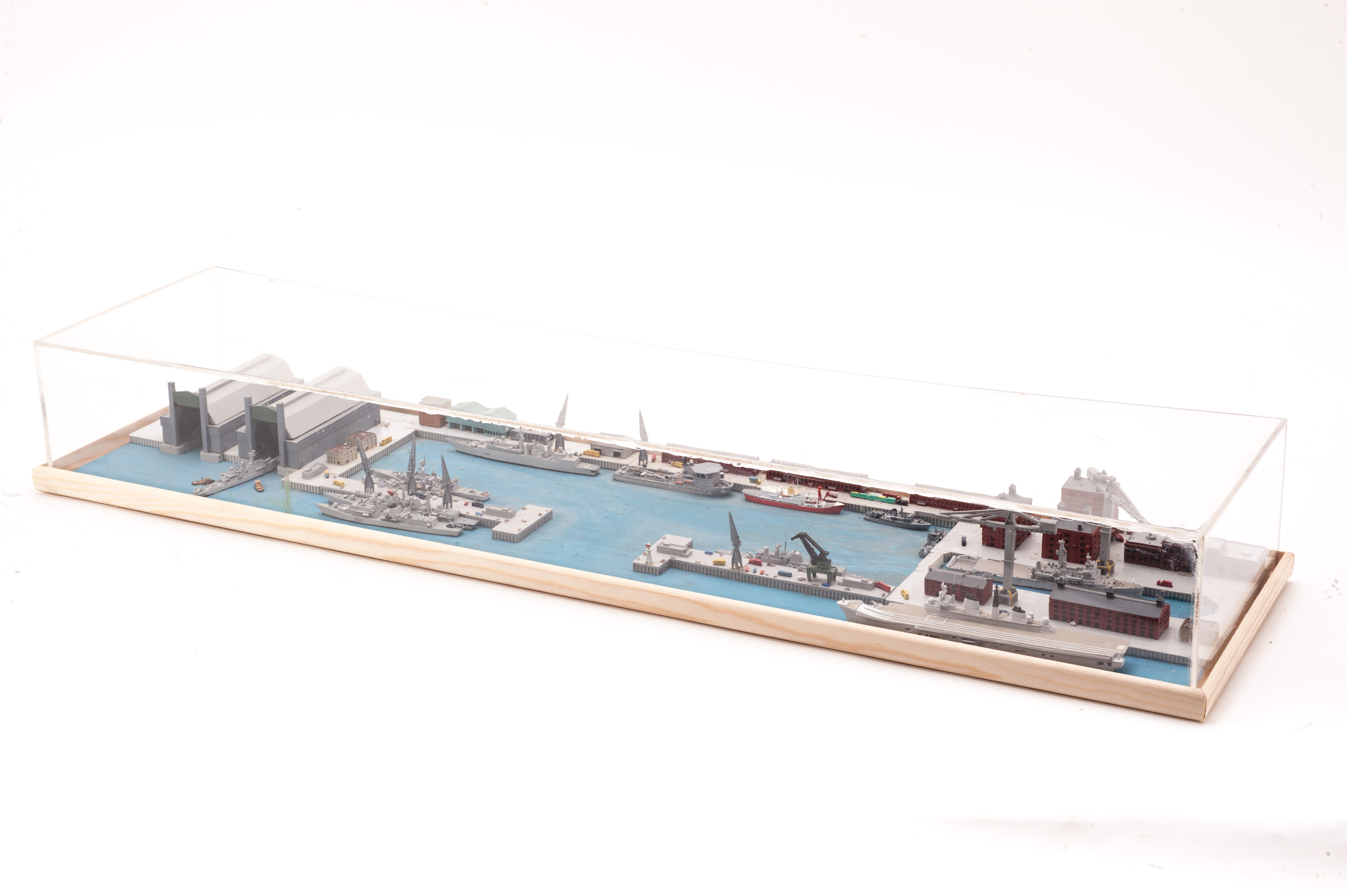 A fine scratch built waterline model boat diarama of HM Naval Base in Devonport, the 11200 scal