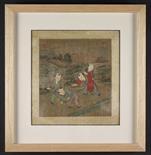 Four 19th Century Chinese Paintings with silk tape mounts, 9¼ ins x 8¾ ins (23.5 cms x 22.5 cms),