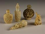 A Collection of Five 19th Century Chinese Carved Ivory Snuff Bottles: To include one intricately