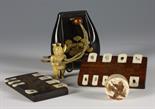 Two 19th Century Shibiyama Whist Markers, a small decoratively lacquered ivory pill box and a