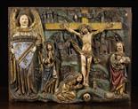 A 15th Century Oak Bas Relief Carving with residual polychrome.  The panel depicting Christ