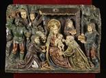 A Fine 15th Century Flemish Carved Oak Bas Relief depicting 'The Nativity' retaining traces of