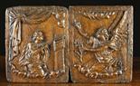 A Pair of 17th Century Relief Carved Oak Panels depicting 'The Annunciation': Mary knelt praying