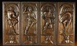 A Fine Set of Four 16th Century Oak Panels; each carved in relief with an animated semi-naked