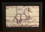 A Framed Set of Six 18th Century Delft Tiles, painted in manganese glaze with a prancing horse in