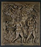 An Early 16th Century Oak Panel carved in relief with Adam & Eve being banished from The Garden of