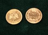 Two Mexican 'Dos Pesos' Coins, both dated 1945. Measuring 0.5 ins (1 cms) in diameter.