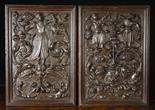 A Pair of Charming 16th Century Renaissance Relief Carved Oak Panels. One depicting a lion's face