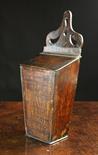 A George III Boarded Oak Hanging Candlebox. The tapered box inlaid with a banded border to the