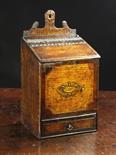 A Delightful 18th Century Boarded Oak Candle-box.  The front board inlaid with a fluted urn of