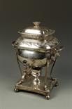AN OLD SHEFFIELD PLATE TEA URN, of rectangular form with a pull off cover, the body decorated with