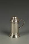 R. E. STONE: A CASTOR of kitchen form, with a reeded scroll handle and pull off pierced cover, on a
