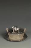 A VICTORIAN SILVER MOUNTED BUTTER DISH, of circular tapering form, the pull of cover surmounted by