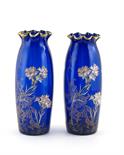 A pair of Legras enamelled glass vases, slender cylindrical form with everted fluted rim, blue glass