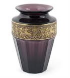 A Moser Karlsbad amethyst glass vase, shouldered faceted body with everted rim, decorated with a