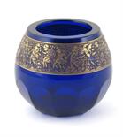 A Moser Karlsbad blue glass vase, ovoid with acid etched band of warrior figures, highlighted in