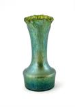 A Loetz glass vase, shouldered form with pulled fluted rim, covered in a green lustrous glaze