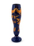 A La Verre Francais cameo glass vase, slender, waisted form decorated with flower stems in blue on