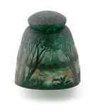 A Daum Nancy cameo glass lamp shade, tapering square section, acid etched with a lakeside