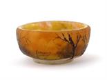 A Daum Nancy Winter Landscape miniature bowl, enamelled with snow laden trees enamelled Daum Nancy