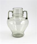 A James Powell & Sons Whitefriars sea green glass vase, with applied strap handles, with applied