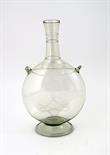 A James Powell & Sons Whitefriars sea green glass decanter, the flattened body with applied handles,