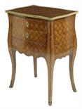 A late 19th century French kingwood and mahogany parquetry trellis commode in Louis XV style, with