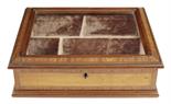 A late Victorian mahogany and satinwood display box, inlaid ebonised stringing, the glazed hinged