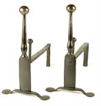 A pair of wrought iron andirons, with ball finials, 38cm high, 21.3cm wide, 39.5cm deep. (2)