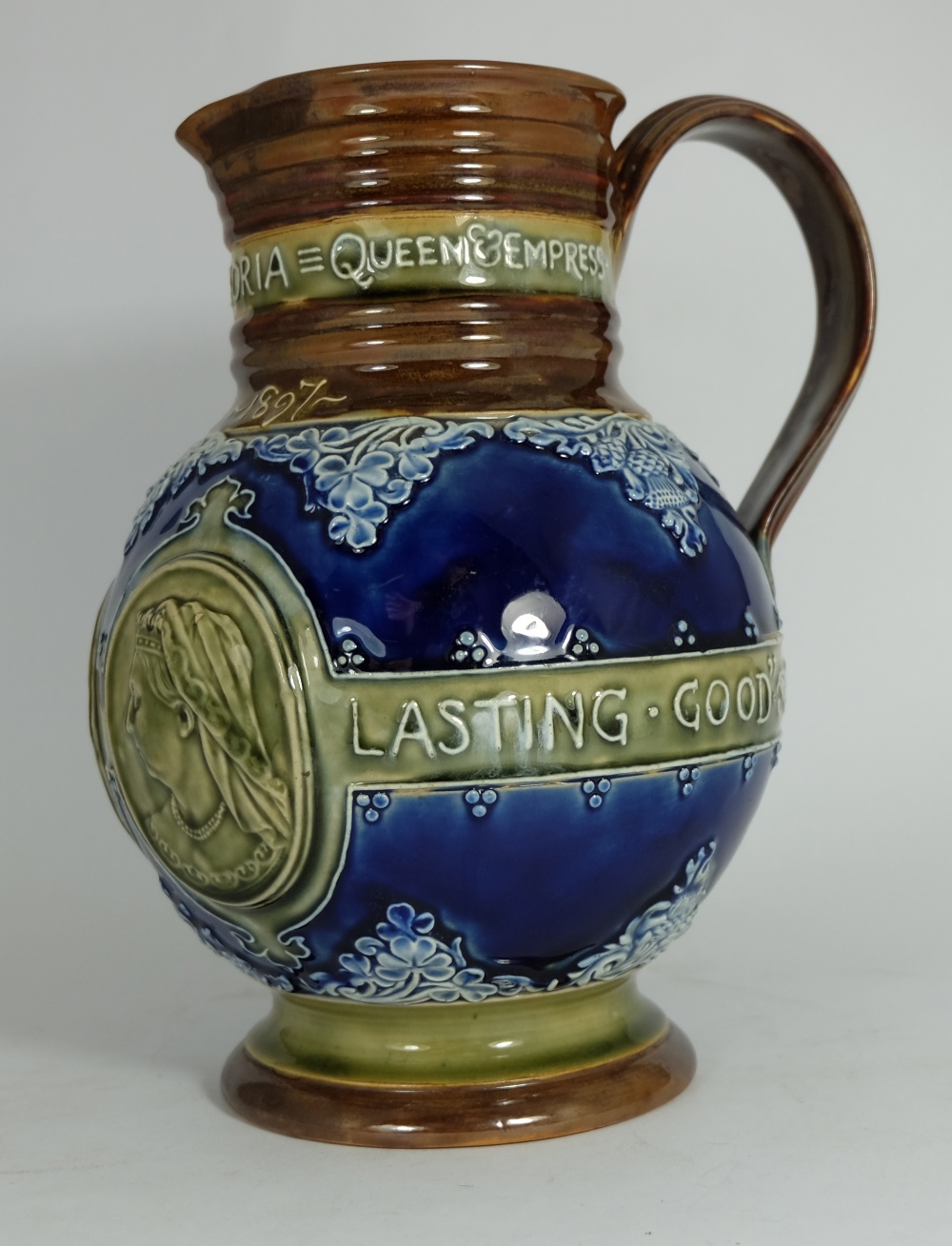 Royal Doulton Lambeth Stoneware Blue Commemorative Jug Queen Victoria