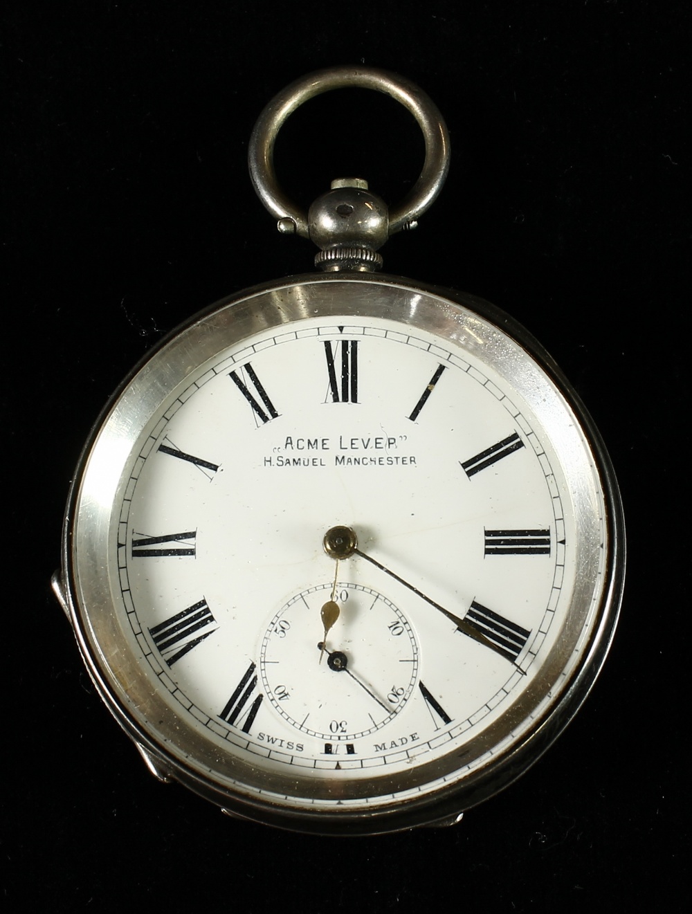 Silver cased open face pocket watch Acme Lever, H Samuel, Manchester