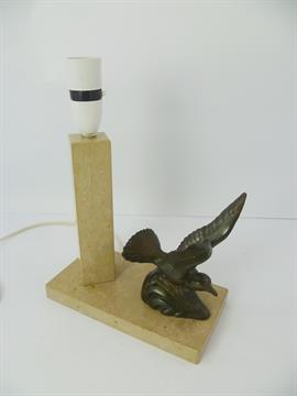 Table Lamp Applied Birds AN ART DECO STYLE TABLE LAMP having polished stone/marble base, applied with spelter cast bird on