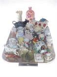 Collection of ornamental china including Belleek vase, cow creamers, Beswick, wall pockets, etc