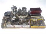 Collection of silver and plated wares, including large toilet bottle, embossed scent bottle