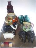 Victorian scent bottle, four green goblets, Royal Winton vase, Beswick collie and sheep, carved