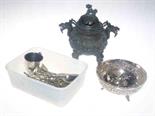 Two silver bangles, tongs and spoon; bowl stamped silver, EP flatware and mug, and, censor