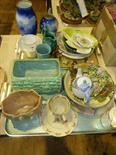 Two Royal Doulton flo blue vases, Bunnykins china, plates, bowl, etc (on two trays)