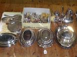 EP Kings pattern flatware, entree dishes, muffin dish, tea and coffee pots, silver brush and