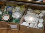 Two boxes of china, including cabbage dishes, tea wares and Spode Italian vase