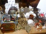 Mantel clock, brass wares, Japanese tea china, horses, ornaments, etc