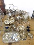 Collection of EP wares, including egg cruet, spirit kettle, table salts, silver napkin rings, etc