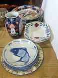 Four Imari plates and vase, two Ridgway dishes, fish bowl and two plates