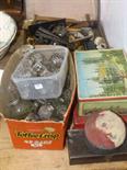 Collectables including ink bottles, metal monkey, etc