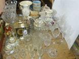 Glasswares, china, figures, clock, etc