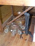 Pair Andirons, glass punch set and jardiniere